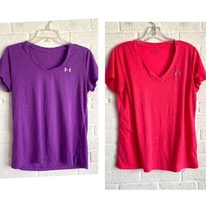 UNDER ARMOUR WOMEN ATHLETIC T-SHIRT SET PINK PURPLE TRAINING V-NECK SMALL